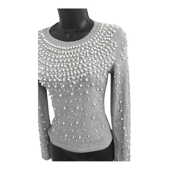 Stunning pearl embellished beaded gray long sleeve sweater top size‎ large new - Picture 8 of 15